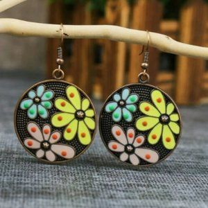 NEW Bronze Flower Boho Pattern Round Drop Earrings‎